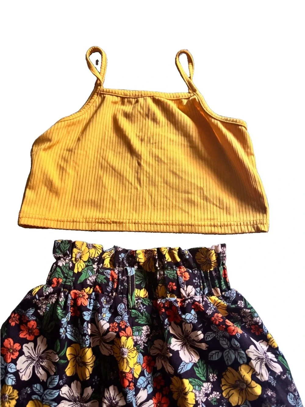 SHEIN Yellow Ribbed Crop Tank with Black Floral Elastic-Waist Shorts